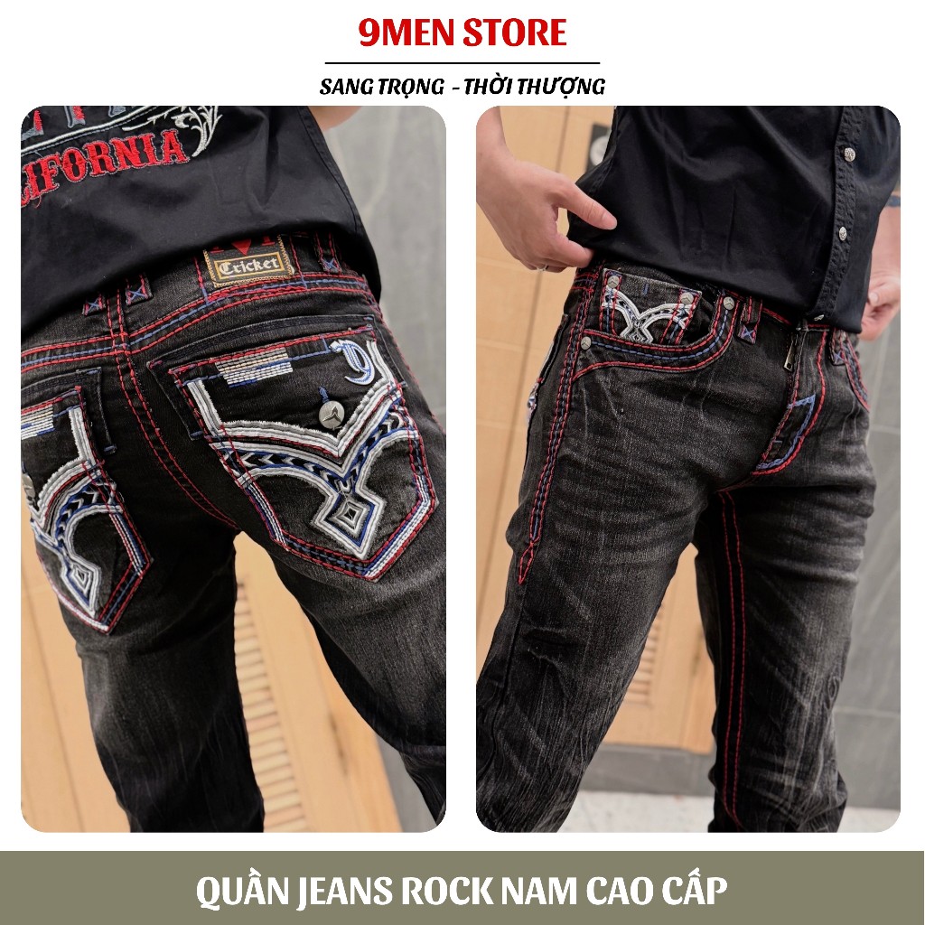 Quần Jeans Đen Rock Dài Nam Thêu Chỉ Đỏ - Vải Jeans Denim Cao Cấp Co Giãn Nhẹ Form Slim Suông D02