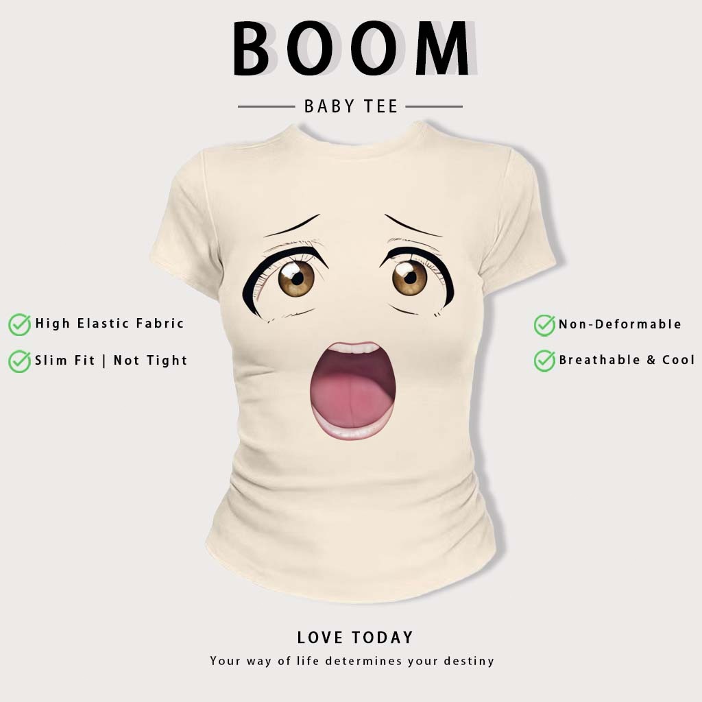BOOM Áo Baby Tee Nữ Cotton Ôm Body-Áo Thun Ngắn Tay Y2K In Hình PhongCách Mùa Hè, Cổ Tròn Hàng Đầucách hàn quốc phong#56