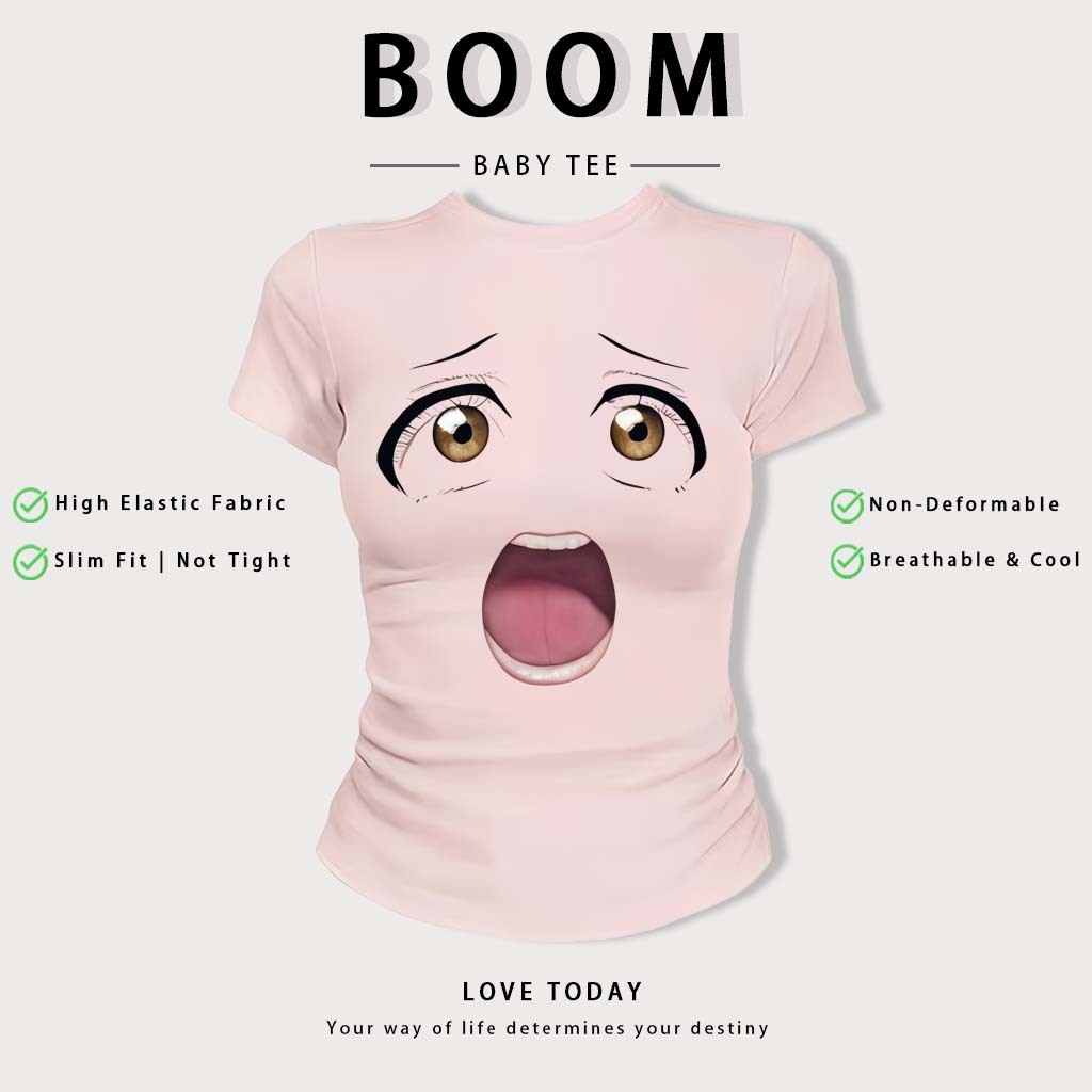 BOOM Áo Baby Tee Nữ Cotton Ôm Body-Áo Thun Ngắn Tay Y2K In Hình PhongCách Mùa Hè, Cổ Tròn Hàng Đầucách hàn quốc phong#56