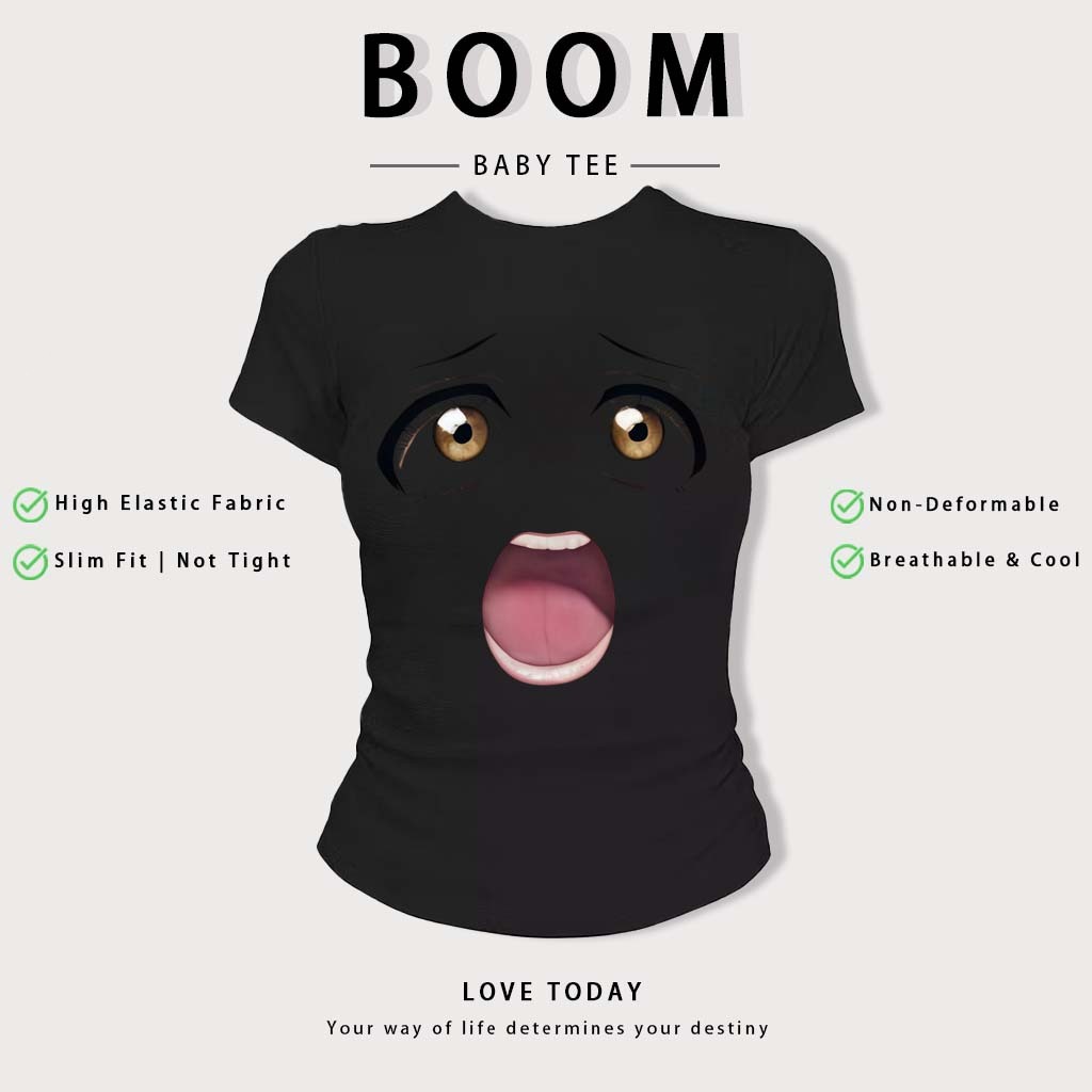 BOOM Áo Baby Tee Nữ Cotton Ôm Body-Áo Thun Ngắn Tay Y2K In Hình PhongCách Mùa Hè, Cổ Tròn Hàng Đầucách hàn quốc phong#56