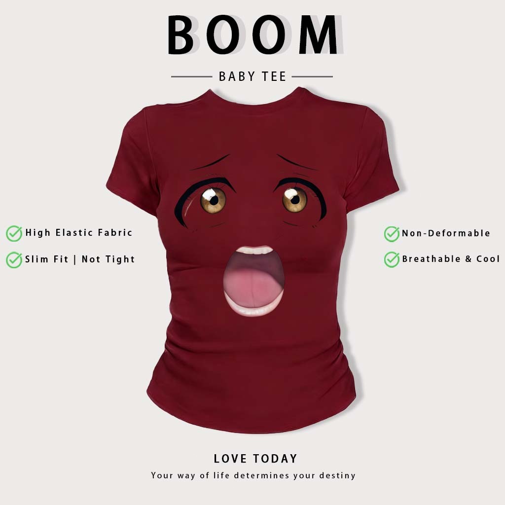 BOOM Áo Baby Tee Nữ Cotton Ôm Body-Áo Thun Ngắn Tay Y2K In Hình PhongCách Mùa Hè, Cổ Tròn Hàng Đầucách hàn quốc phong#56
