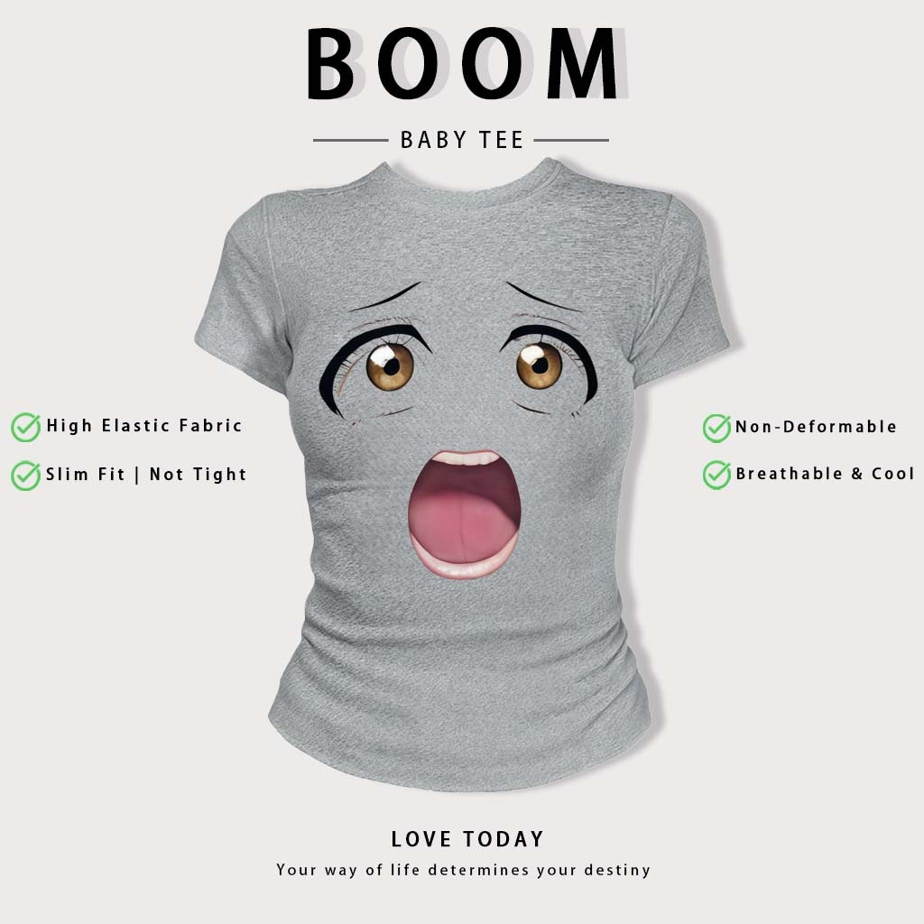 BOOM Áo Baby Tee Nữ Cotton Ôm Body-Áo Thun Ngắn Tay Y2K In Hình PhongCách Mùa Hè, Cổ Tròn Hàng Đầucách hàn quốc phong#56