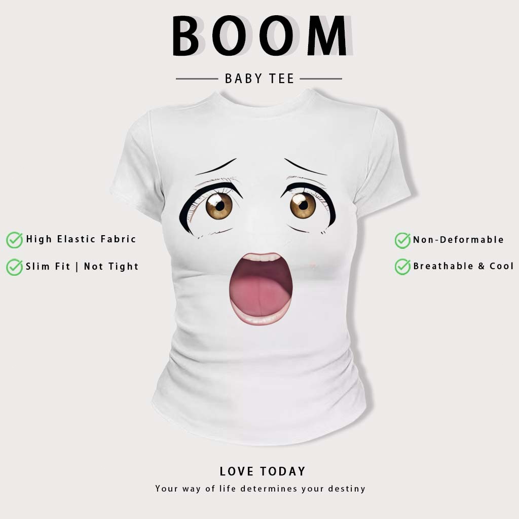 BOOM Áo Baby Tee Nữ Cotton Ôm Body-Áo Thun Ngắn Tay Y2K In Hình PhongCách Mùa Hè, Cổ Tròn Hàng Đầucách hàn quốc phong#56