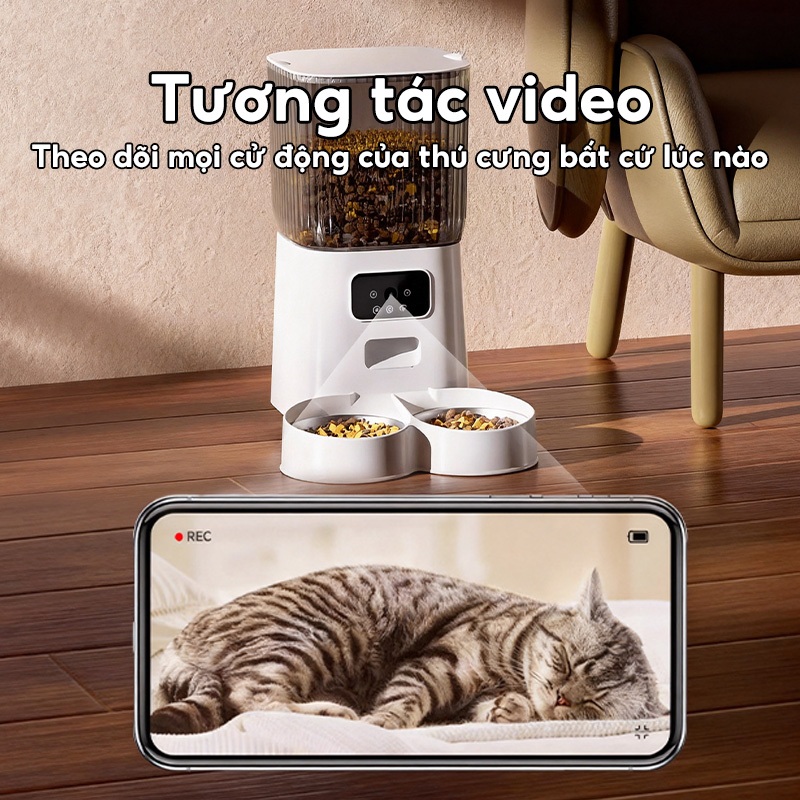 Hai bát 5L WiFi Máy cho mèo ăn tự động thông minh cho thú cưng chó mèo Hẹn giờ và định lượng Có camera
