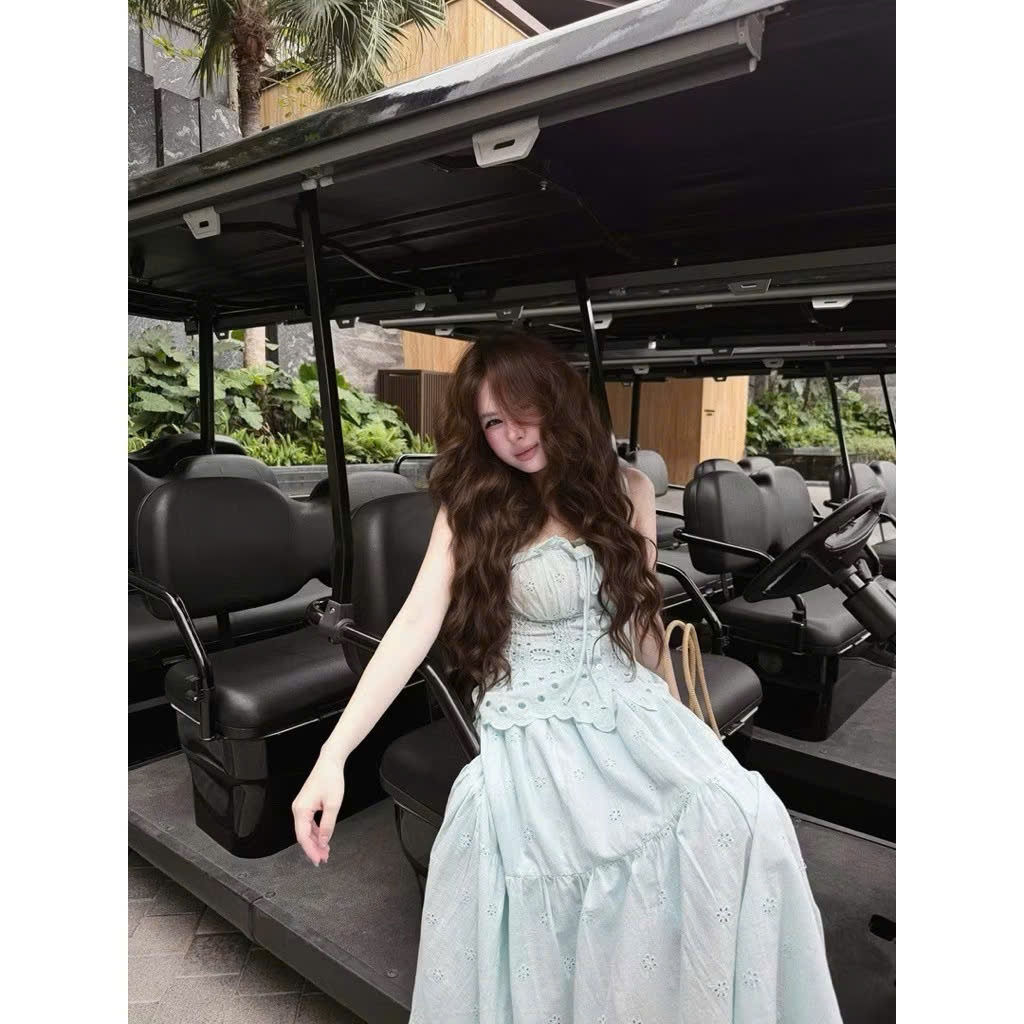 Set Áo Hai Dây Peplum Chân Váy Maxi Thô Boi Thêu Hoa Đục Lỗ, Bộ Đồ Váy Nữ 2 Dây Đi Biển Resort - CHAMIE STUDIO