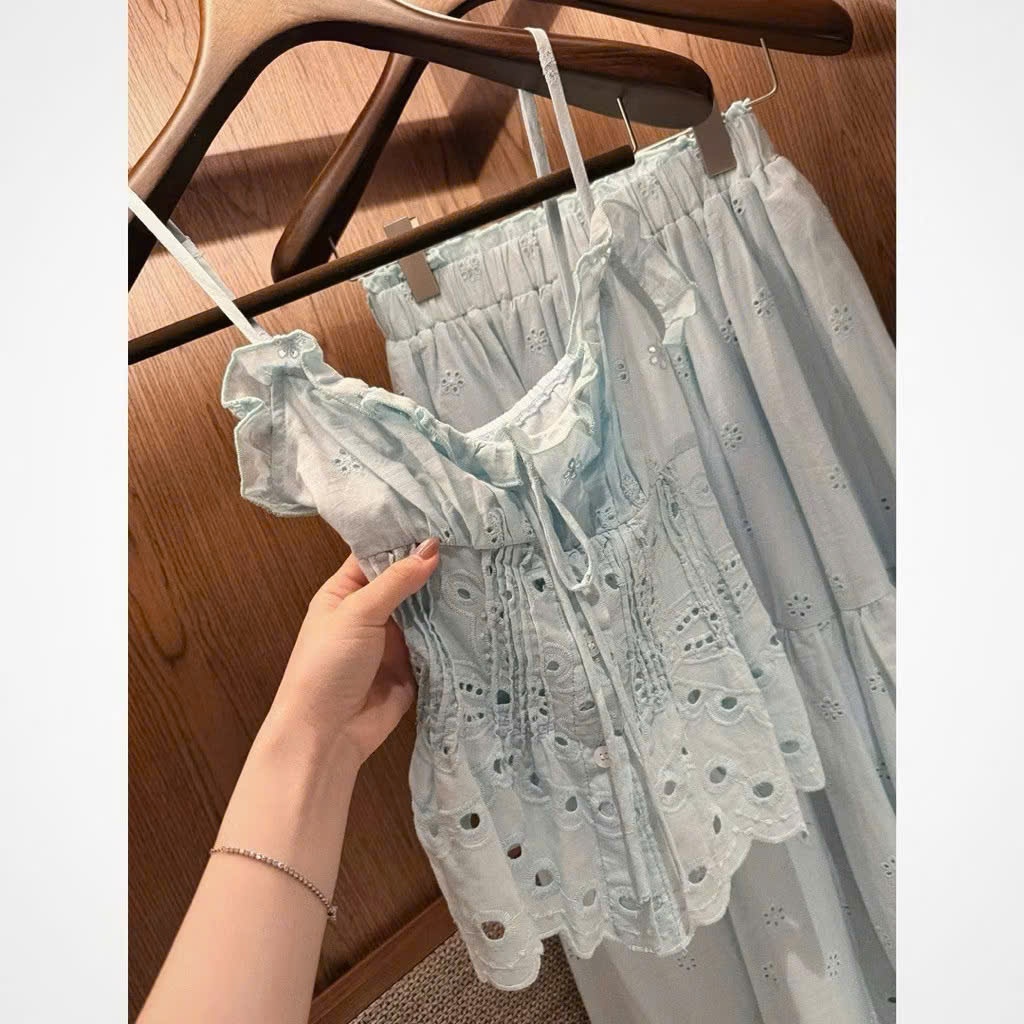 Set Áo Hai Dây Peplum Chân Váy Maxi Thô Boi Thêu Hoa Đục Lỗ, Bộ Đồ Váy Nữ 2 Dây Đi Biển Resort - CHAMIE STUDIO