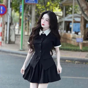 Váy Nữ Thiết Lế Cổ Sơ Mi Thanh Lịch, Đầm Nữ Tay Ngắn Phối Chân Váy Xoè Đi Chơi Đi Tiệc Xinh