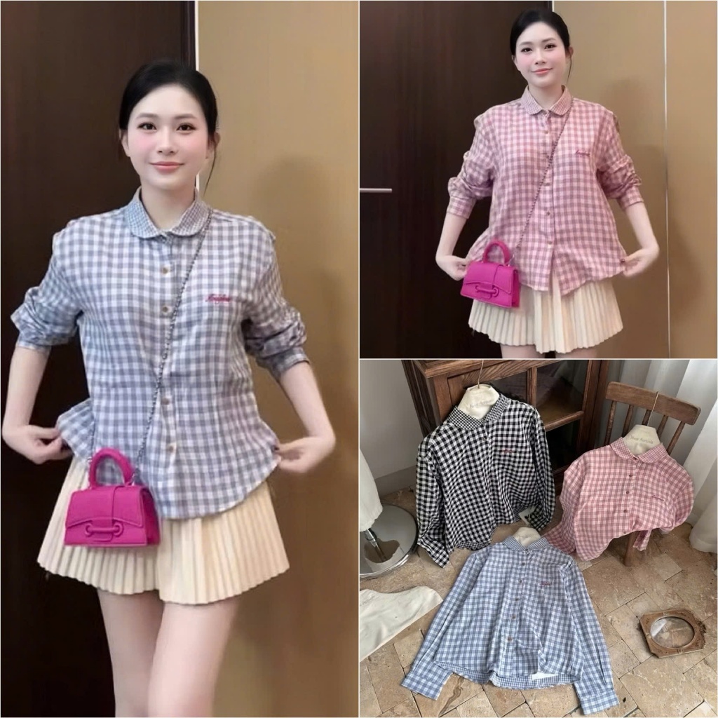 HT23. Áo sơ mi kẻ tay dài thêu chữ, áo chất thô mềm mát đủ size 40-70kg . Áo sơ mi kẻ nữ, hoạ tiết thêu, chất thô mềm mặ