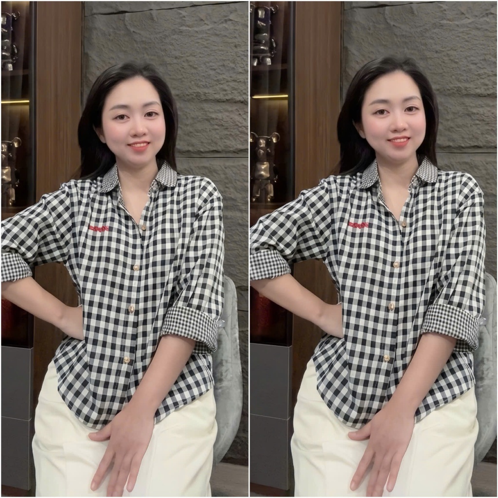 HT23. Áo sơ mi kẻ tay dài thêu chữ, áo chất thô mềm mát đủ size 40-70kg . Áo sơ mi kẻ nữ, hoạ tiết thêu, chất thô mềm mặ