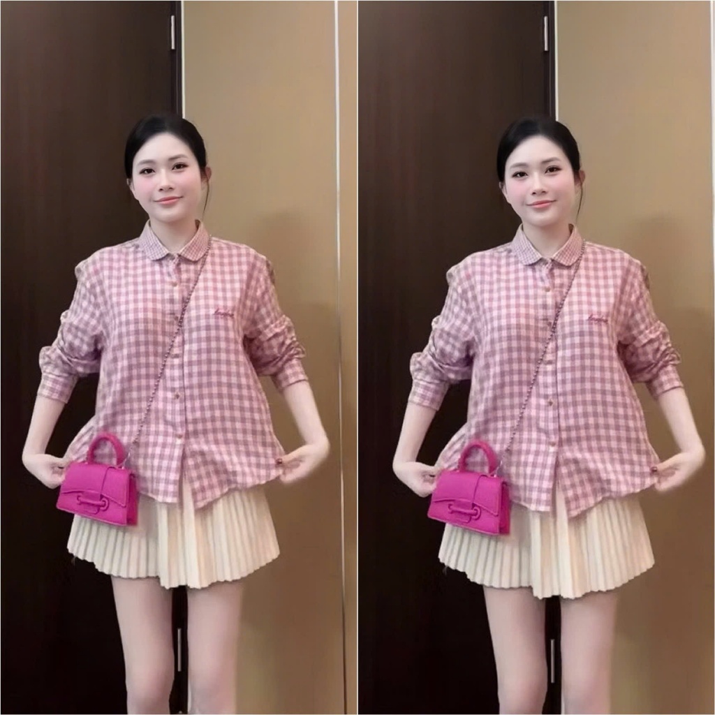HT23. Áo sơ mi kẻ tay dài thêu chữ, áo chất thô mềm mát đủ size 40-70kg . Áo sơ mi kẻ nữ, hoạ tiết thêu, chất thô mềm mặ