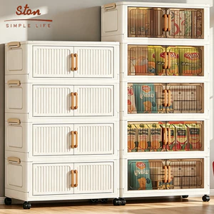 80CM STON Tủ Nhựa Đa Năng Để Đồ Tủ Gấp Gọn 3/4/5 Tầng Không Cần Lắp Đặt Trong Suốt Nâu Sữa Cửa Nam ChâmCó Bánh Xe