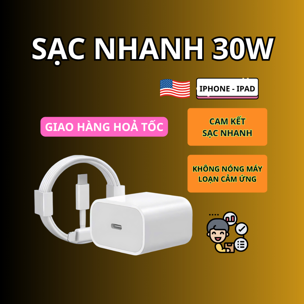 Bộ Sạc Nhanh PD 30W Cho iPhone | Sạc Siêu Tốc, An Toàn, Tương Thích iPhone 8-15-17