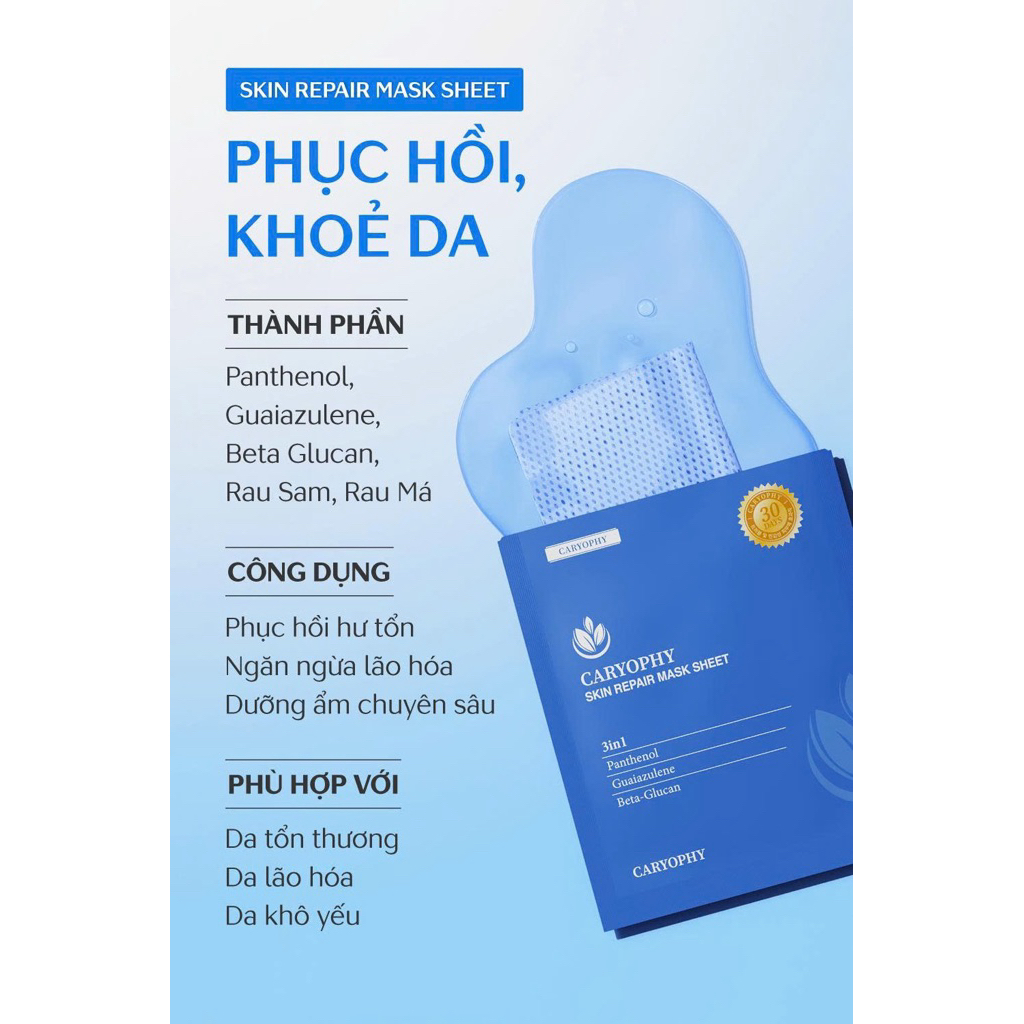 Mặt nạ Caryophy Skin Repair Mask Sheet (miếng lẻ) Phục hồi da Cấp ẩm chuyên sâu & Làm dịu da tức thì