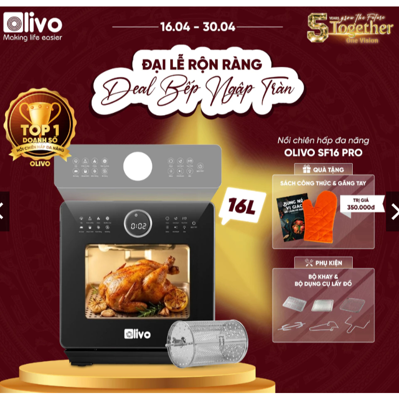 (Hỏa tốc) Nồi chiên hơi nước Olivo SF16 pro (new 2026) - Dung tích 16 lít - Bảo hành 2 năm