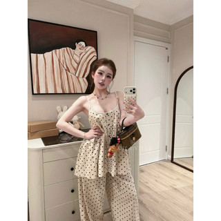 Set Bộ Nữ 2s Cổ V Mix Quần Suông Dài Chấm Bi KhanhLe