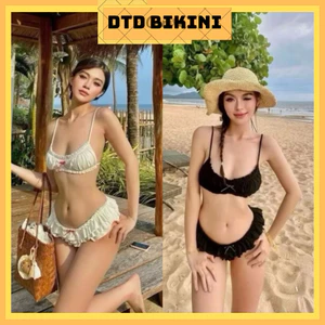 Bikini DTD 2 chi tiết đi biển viền bèo đính nơ dễ thương, Đồ bơi đi biển 2 chi tiết sang chảnh 2 màu <55kg - H25