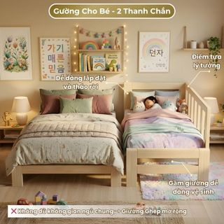 Giường Gỗ Ghép Cho Bé Với Bố Mẹ 1M3 - 2M có 2 Thanh Chắn Dọc An Toàn, Chống Trèo Ngã, Lắp Ráp
