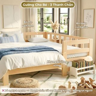 Giường Ngủ Cho Bé 3 Thanh Chắn Dọc dài 1m2 đến 2m – Giường Gỗ Thông Ghép Sát Giường Bố Mẹ An Toàn