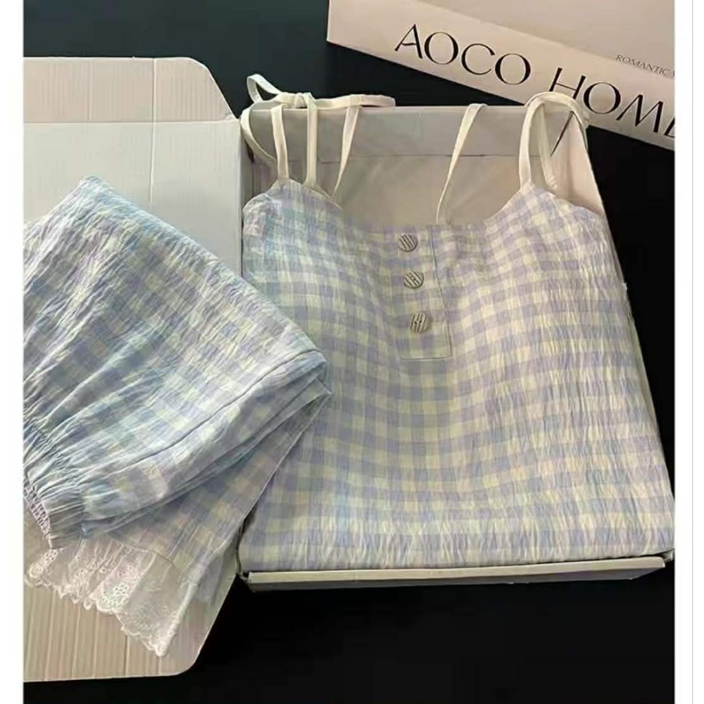 Bộ 2 dây kẻ caro xanh kèm đệm ngực ( hàng qc)