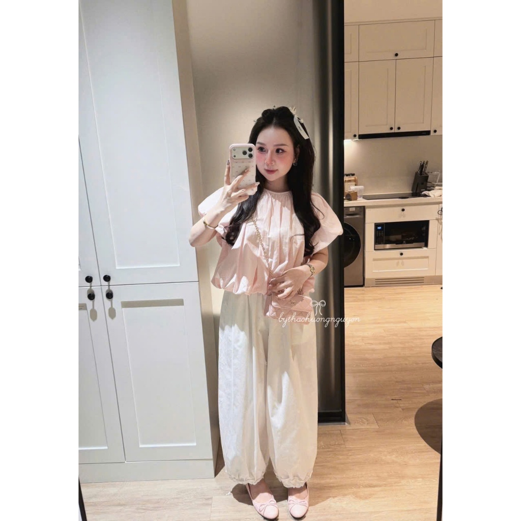 Áo babydoll tay phồng dáng bí 2 lớp cổ tròn họa tiết chấm bi 21231 A146