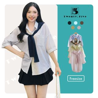Áo Sơ Mi Kẻ Tay Lỡ Phối Khăn Họa Tiết Thiết Kế Basic Trẻ Trung Năng Động Twentyfive Fashion - 4682M