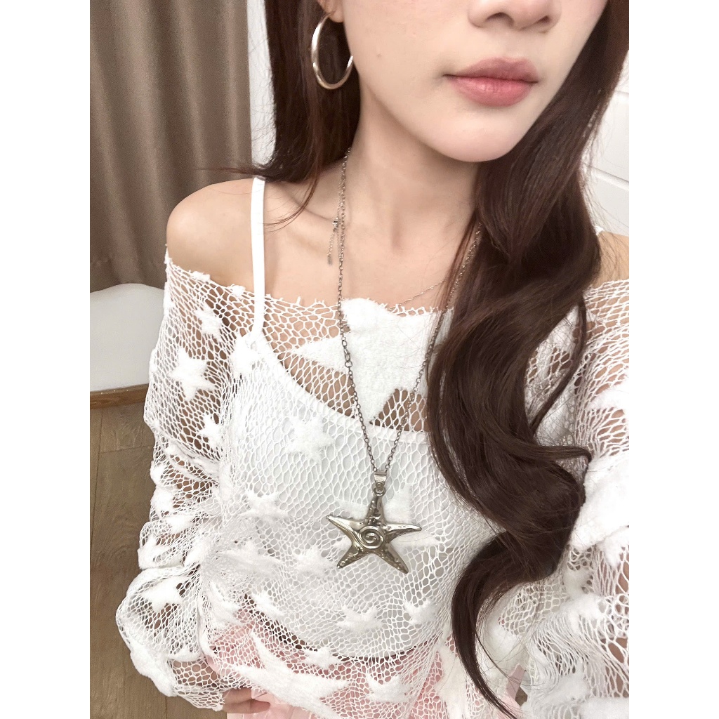 MADMIND Áo Lưới Nữ Trễ Vai Ngôi Sao Tay Dài A42 - Áo Lệch Vai Mặc Đi Biển Mùa Hè Màu Trắng , Hồng , Đen | BigBuy360 - bigbuy360.vn