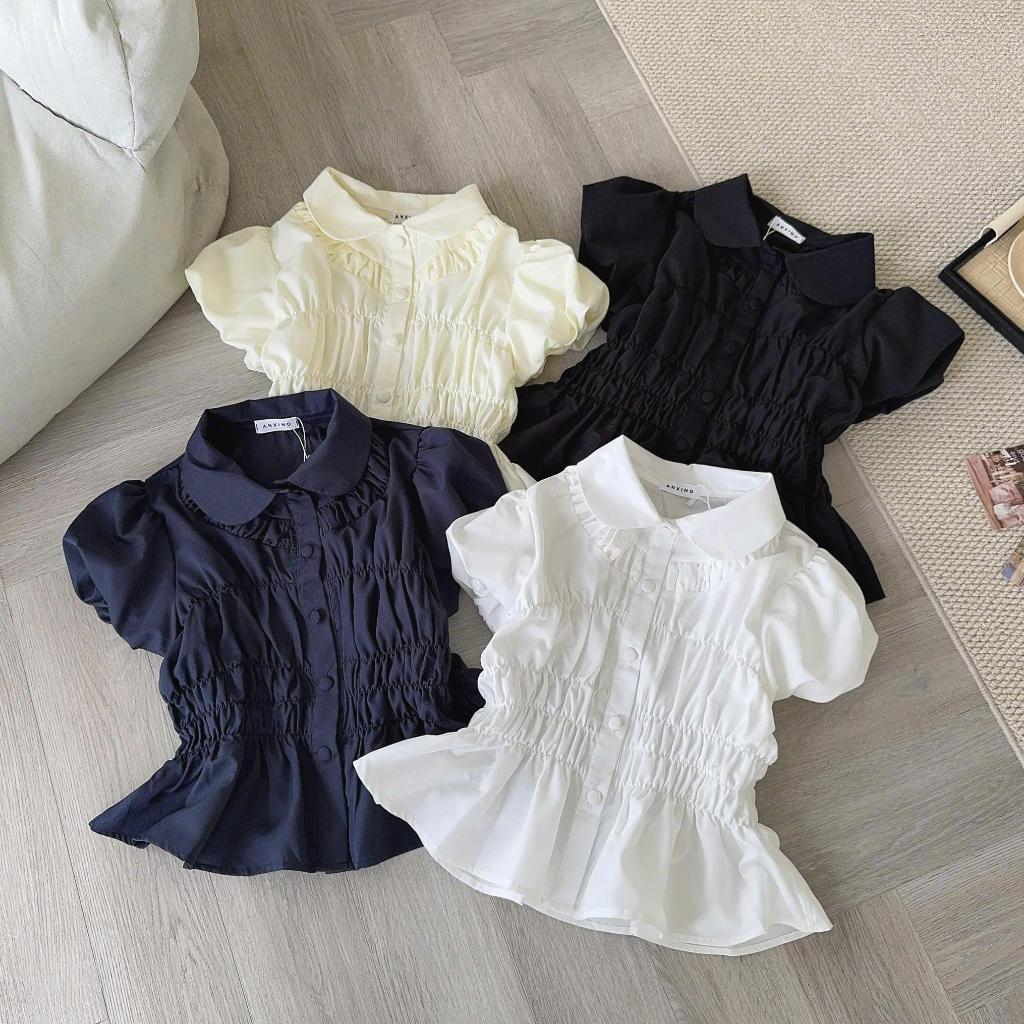 Áo sơ mi nhún cô đức khuy bọc vải siêu xinh Y060 A145