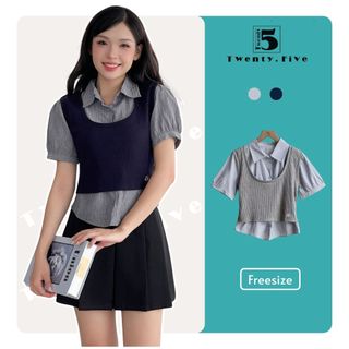 Áo Sơ Mi Nữ Phối Áo Gile Len Mỏng Dáng Croptop Ngắn Tay Thời Trang Hàn Quốc, Thiết Kế Trẻ Trung Tôn Dáng Cực Xinh 6946