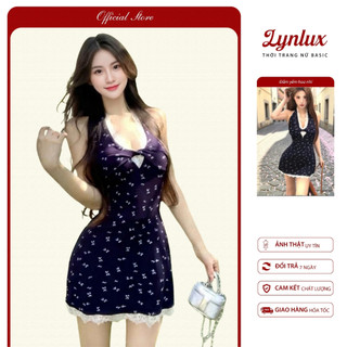Đầm nữ hoa nhí cổ yếm phối ren dáng ôm body xinh xắn kiểu Hàn Quốc đi tiệc dạo phố LYNLUX - LUX702