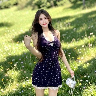 Đầm nữ hoa nhí cổ yếm phối ren dáng ôm body xinh xắn kiểu Hàn Quốc đi tiệc dạo phố LYNLUX - LUX702