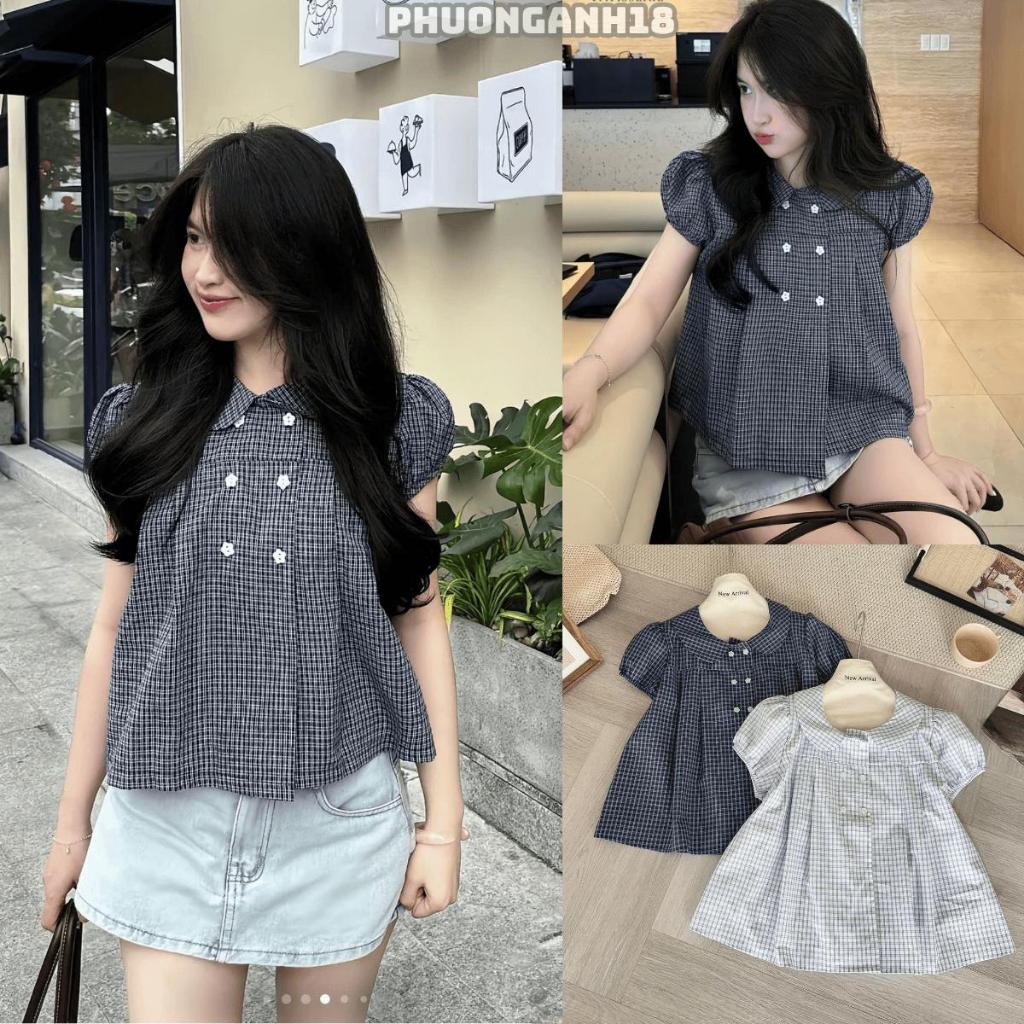 Áo babydoll kẻ sọc cổ sen phối cúc hoa A148