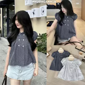Áo babydoll kẻ sọc cổ sen phối cúc hoa A148
