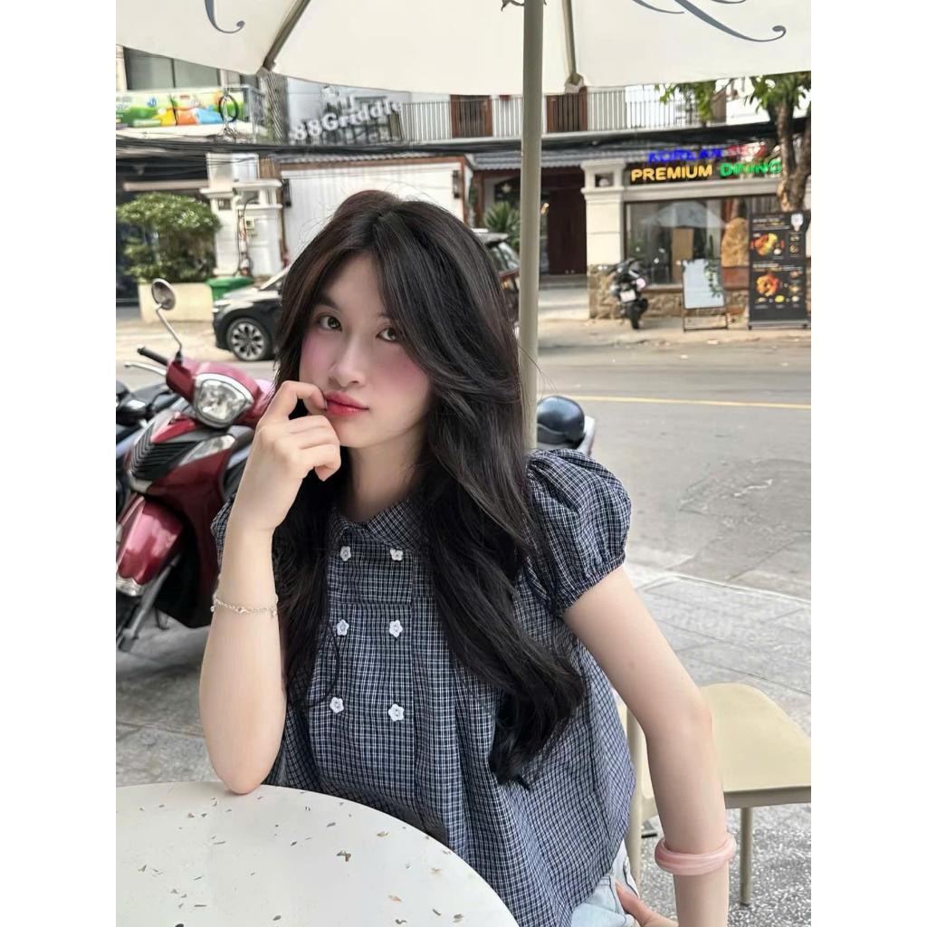 Áo babydoll kẻ sọc cổ sen phối cúc hoa A148
