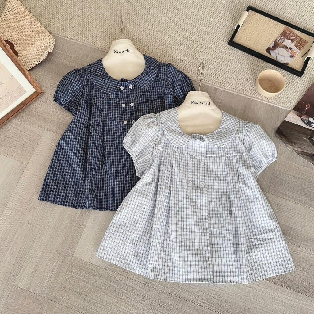 Áo babydoll kẻ sọc cổ sen phối cúc hoa A148
