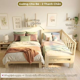Giường Gỗ Ghép Cho Bé Với Bố Mẹ 1M3 - 2M có 2 Thanh Chắn Dọc An Toàn, Chống Trèo Ngã, Lắp Ráp