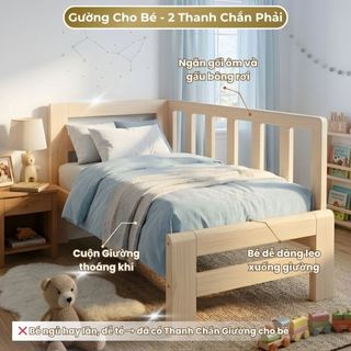 Giường Gỗ Ghép Cho Bé Với Bố Mẹ 1M3 - 2M có 2 Thanh Chắn Dọc An Toàn, Chống Trèo Ngã, Lắp Ráp