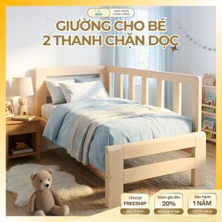 Giường Gỗ Ghép Cho Bé Với Bố Mẹ 1M3 - 2M có 2 Thanh Chắn Dọc An Toàn, Chống Trèo Ngã, Lắp Ráp