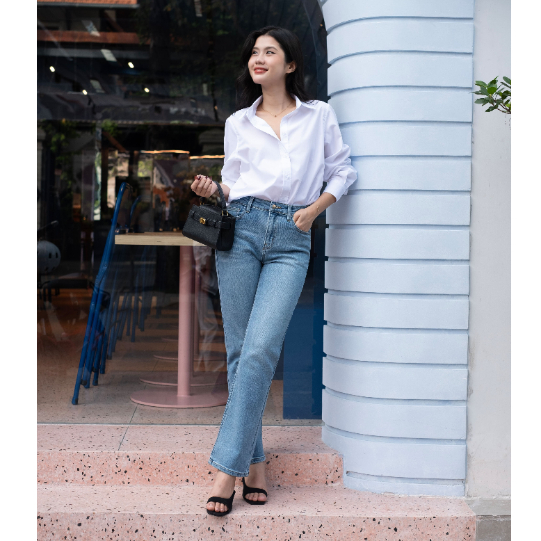 HASHTAGEM - Quần Jean Nữ STJ.4 Straight Leg Jeans Turquoise Ống Đứng Co Giãn Xanh Nhạt Wash Râu Mèo
