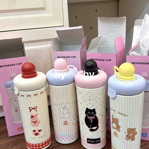 600ml Hoạt Hình Thời Trang Bằng Thép Không Gỉ 316 Có Ống Hút Di Động Người Lớn Bé Trai & Gái Học Sinh Chai Uống Có Dây