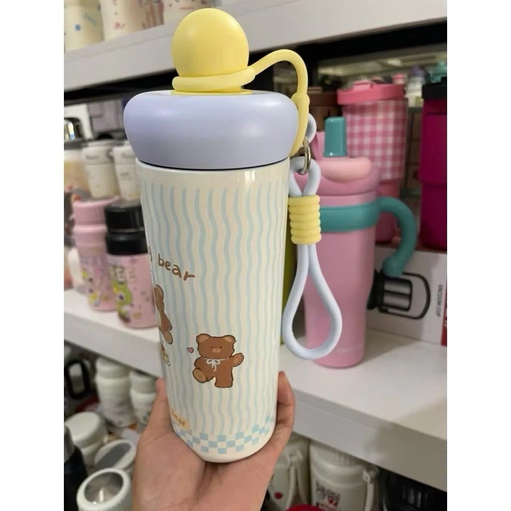 600ml Hoạt Hình Thời Trang Bằng Thép Không Gỉ 316 Có Ống Hút Di Động Người Lớn Bé Trai & Gái Học Sinh Chai Uống Có Dây