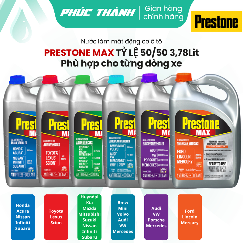 Nước Làm Mát Động Cơ PRESTONE MAX 50/50 Cao Cấp Dành Cho Các Loại Xe (3,78L) - Nhập Khẩu Mỹ