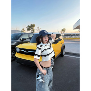 Áo croptop nữ form rộng sọc ngang BIBIBO – áo phông oversize tay lỡ unisex, style Hàn Quốc