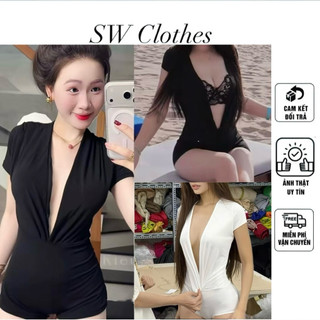 Jumpsuit tay ngắn cổ v hở sâu liền quần ngắn ( tặng kèm cham hoa đá gắn jumpsuit)