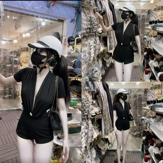 Jumpsuit tay ngắn cổ v hở sâu liền quần ngắn ( tặng kèm cham hoa đá gắn jumpsuit)