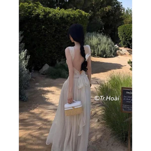 Đầm maxi ren phối tơ thắt nơ lưng