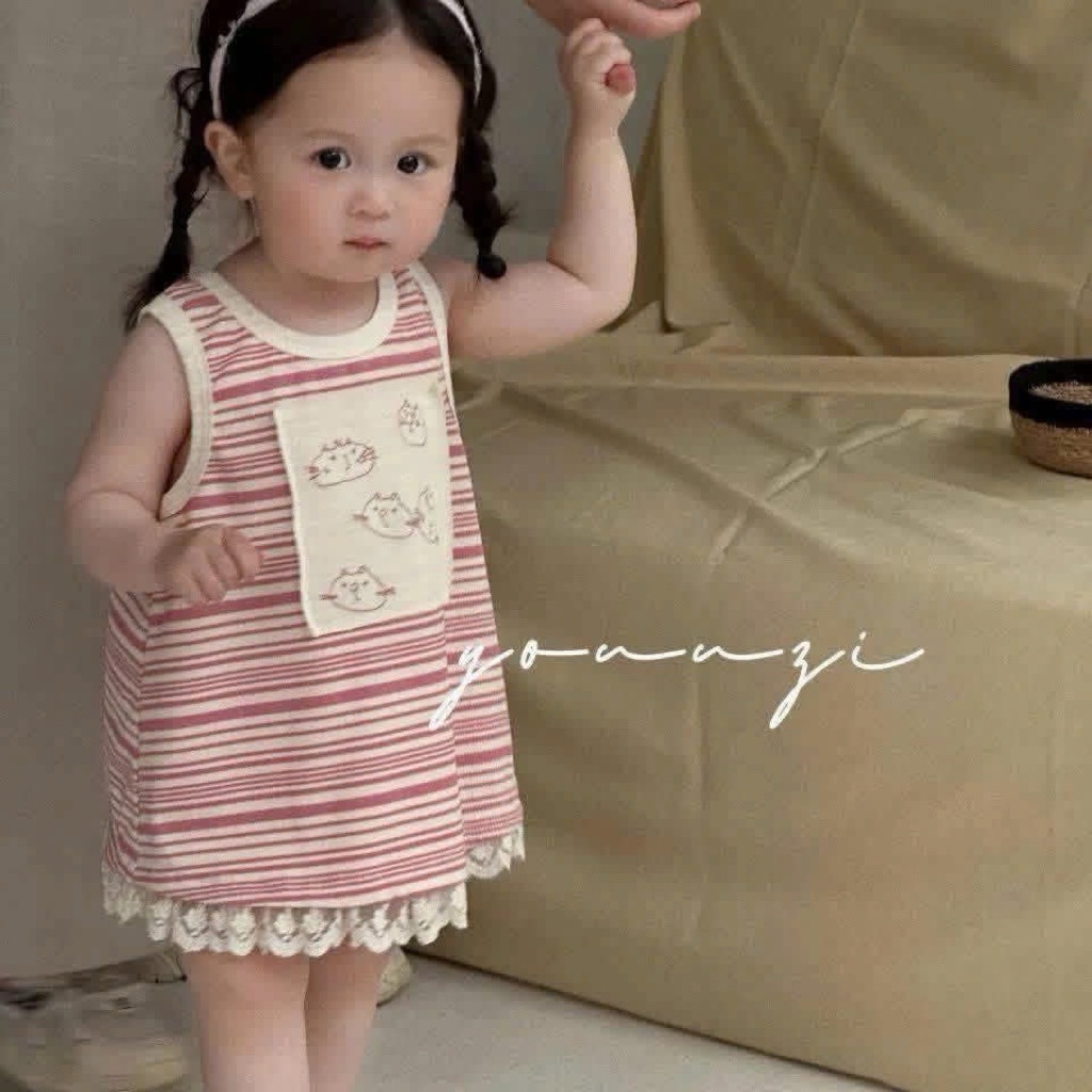 (Order) Váy sát nách hoạ tiết mèo chất len tăm mỏng bèo ren dưới váy dáng xoè phù hợp mùa hè cho bé gái