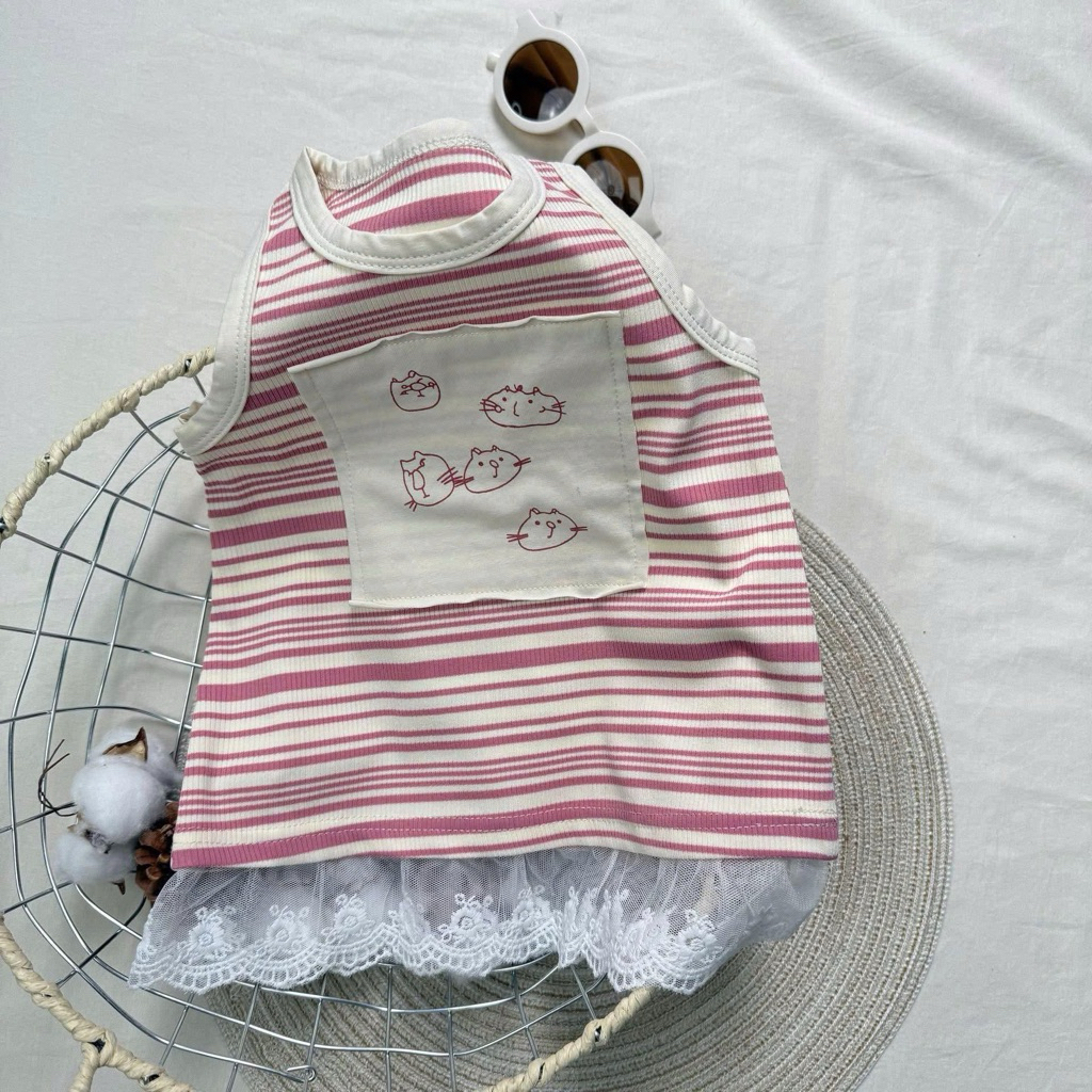 (Order) Váy sát nách hoạ tiết mèo chất len tăm mỏng bèo ren dưới váy dáng xoè phù hợp mùa hè cho bé gái