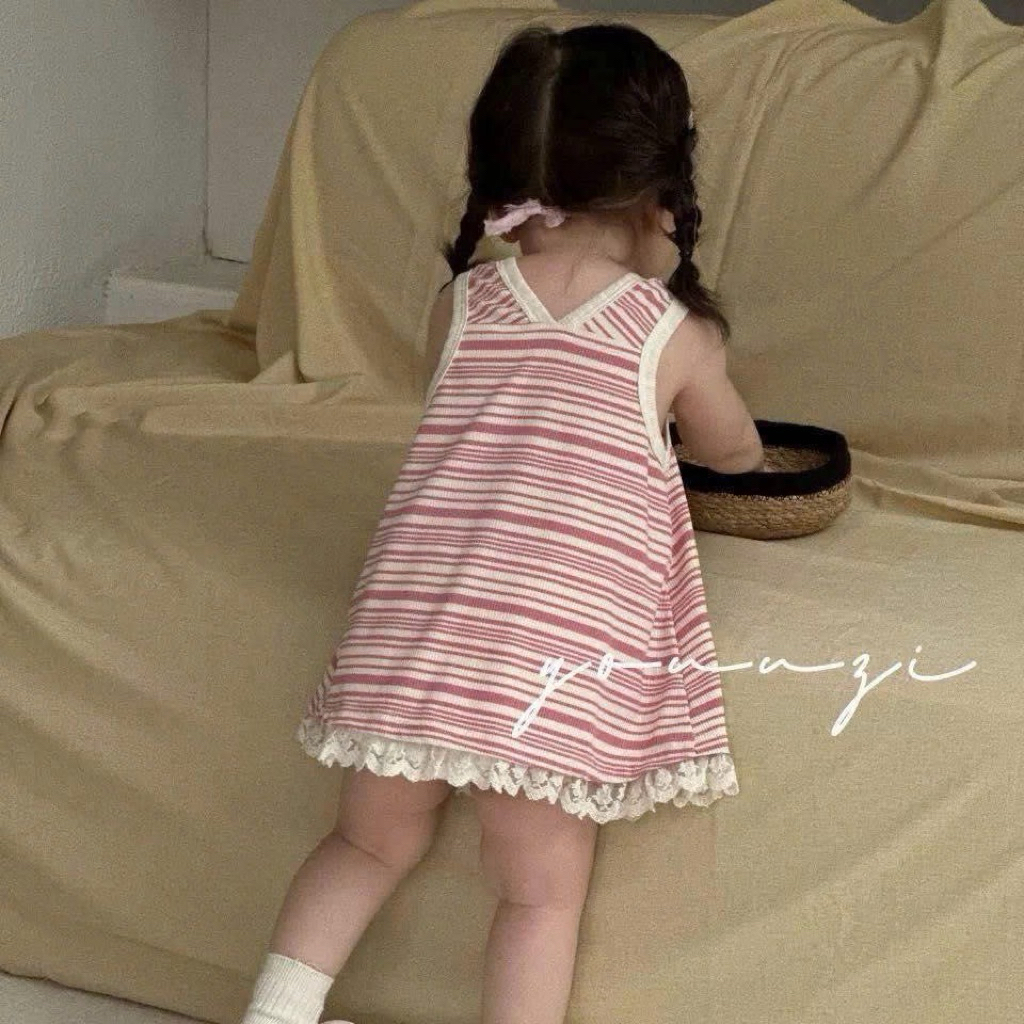 (Order) Váy sát nách hoạ tiết mèo chất len tăm mỏng bèo ren dưới váy dáng xoè phù hợp mùa hè cho bé gái