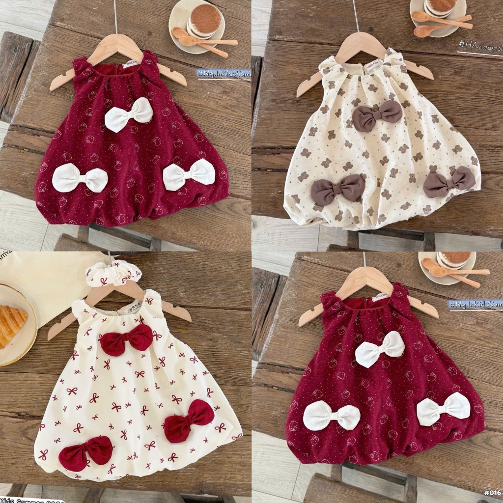 (Shopmemo 6-19kg) Váy Bí Đính 3 Nơ Chất Liệu Vải Đũi Mềm Mát, Thấm Hút Mồ Hôi Cho Bé Gái Mặc Nhà, Đi Học Đi Chơi