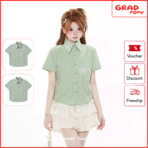 Áo sơ mi nữ GRADPOPU họa tiết caro tay ngắn siêu xinh tôn dáng thiết kế độc lạ cá tính SM82